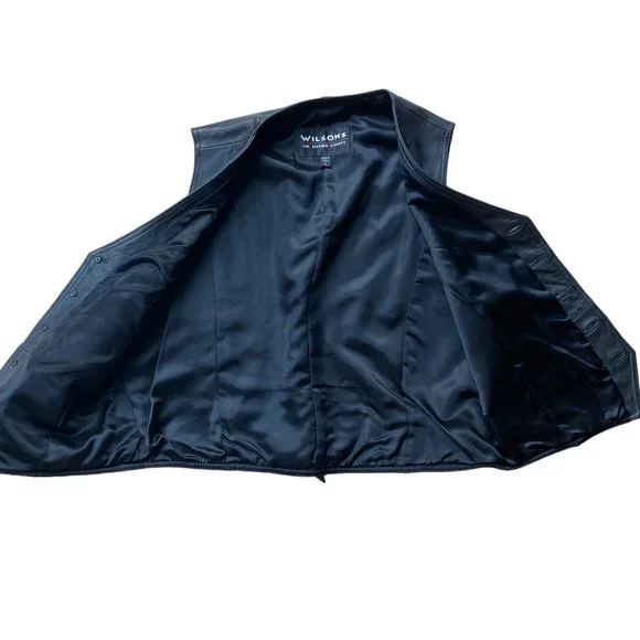 Vintage Wilsons Black All Leather 90s Y2K Moto Biker Rodeo Western Vest-XL - Picture 7 of 14